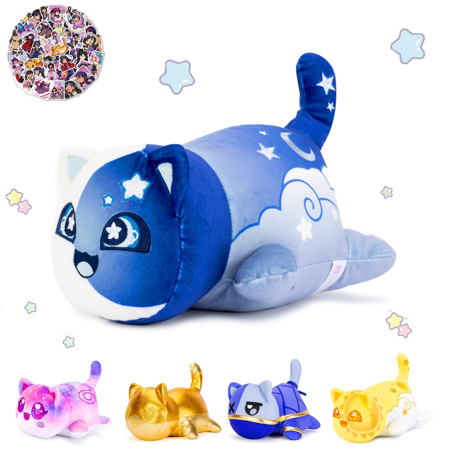 Lccoous 61-Pcs ? 11'' Moon Cat Plush+ 60Pcs Cat Stickers -Meow Cat Plush -Meow Cat Stuffed Animal Collection, Birthday Gift For