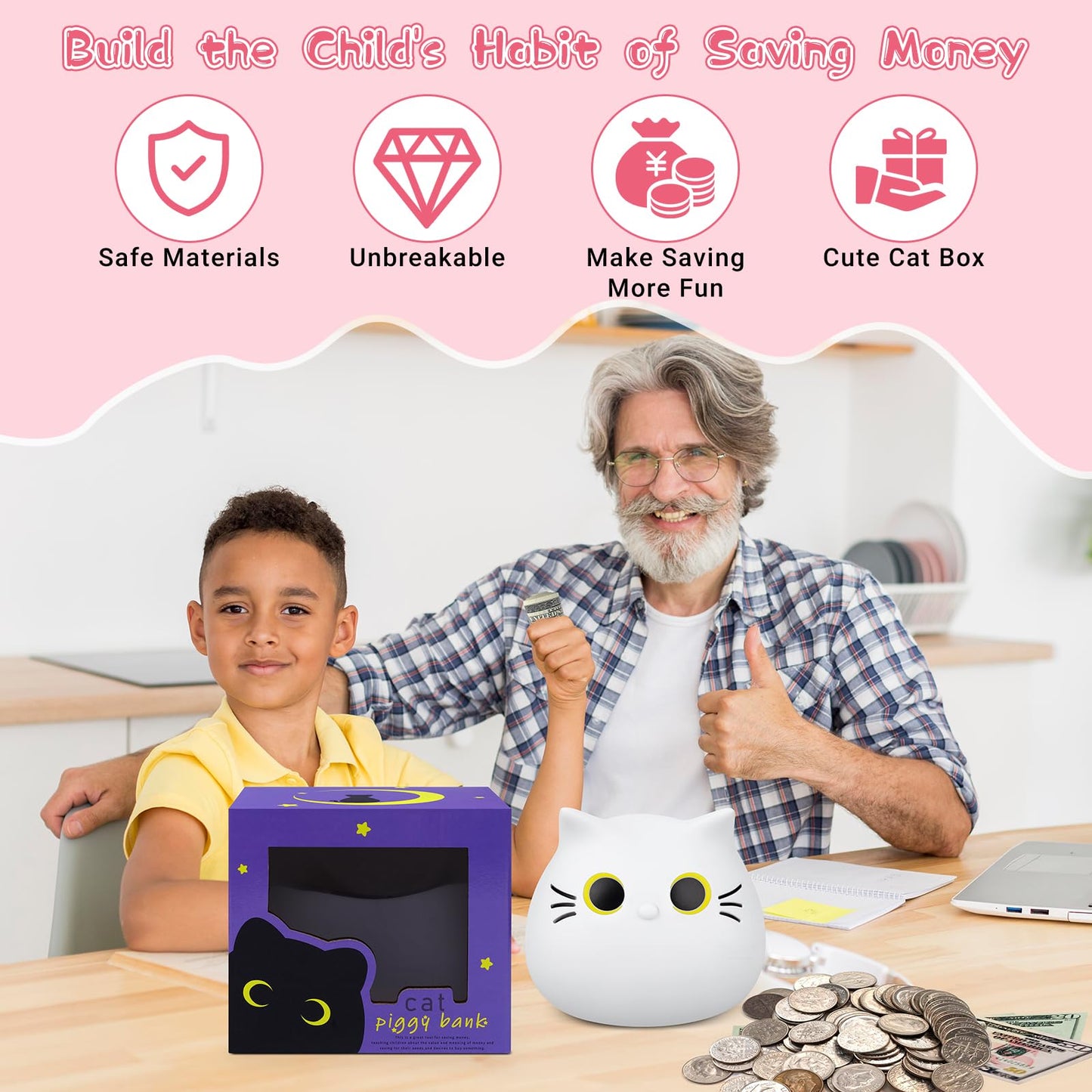 Jizwpoom Piggy Bank, Cute Cat Piggy Bank Cat Money Saving Box For Kids, Coin Piggy Bank Coin Bank Box Unbreakable Piggy Bank Toy Gifts For Adults Boys Girls Birthday (White, 7 Inch)