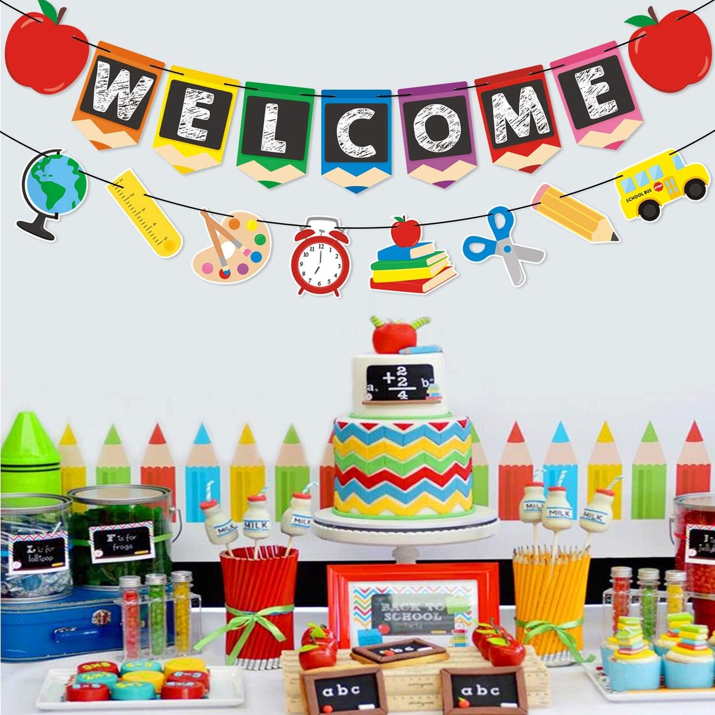 Bessmoso Welcome Banner Kids Back to School Party Decoration Apple Pencil Stationery Garland First Day of School Ideas New Grade