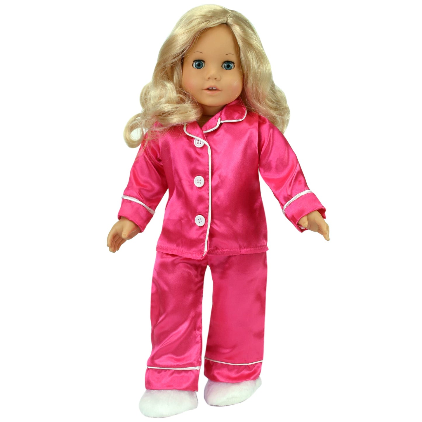 Sophia'S 3 Piece Classic Satin Pajamas With Piping And Buttons Includes Shirt, Pants, And White Faux Fur Slippers For 18 Inch Dolls, Hot Pink