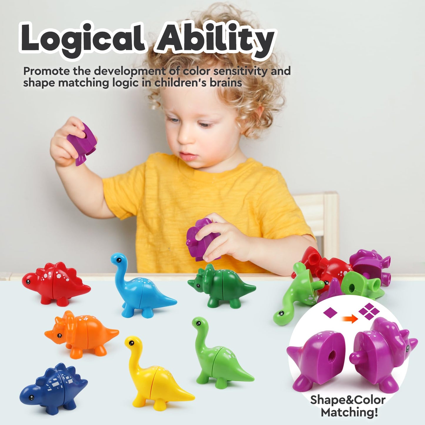 Montessori Matching Dinosaurs Toy, Color And Shapes Recognition, Snap And Pattern Match Game Preschool Learning Toys Homeschooling Activity Class Tool, Birthday Valentine'S Gift For Toddler Boys Girls