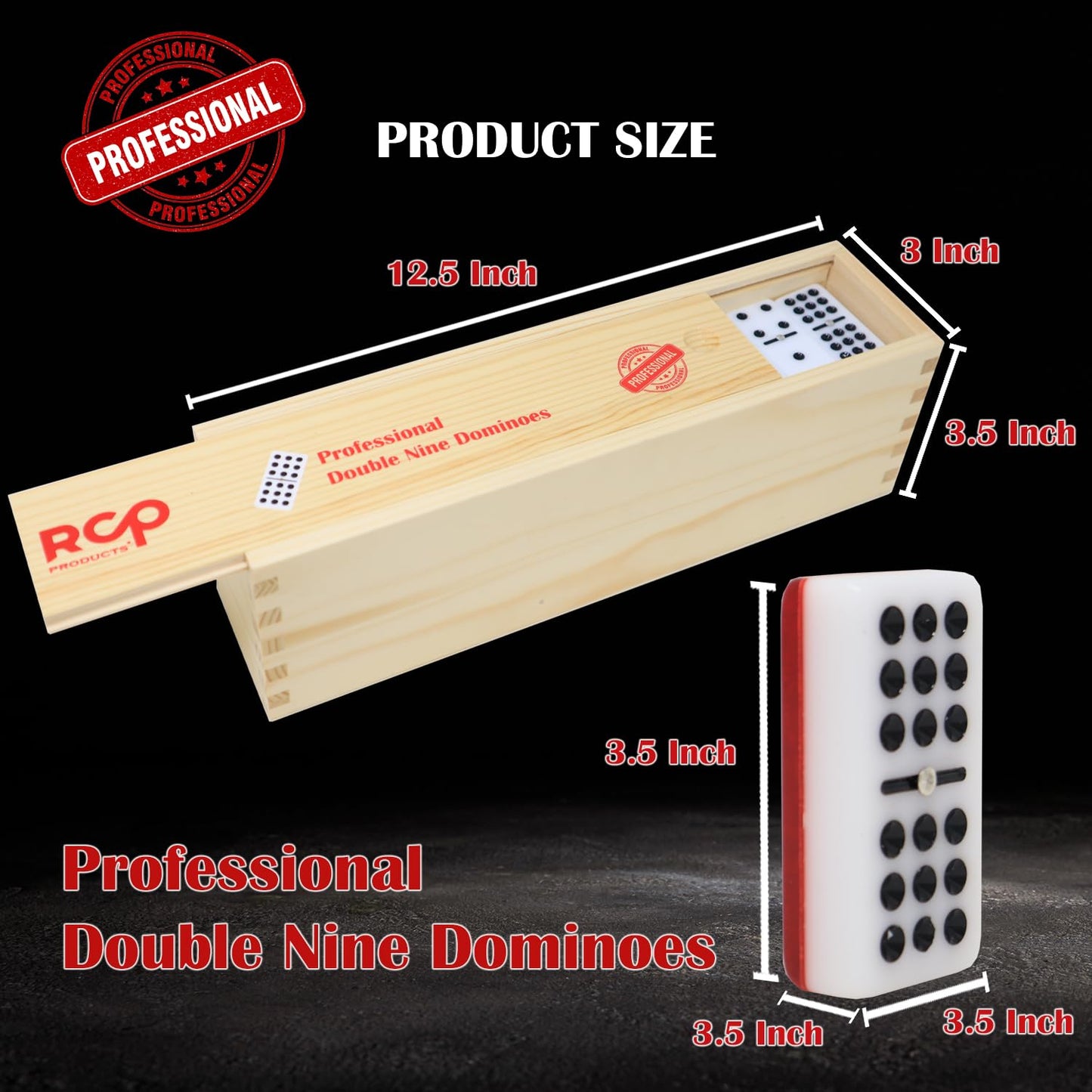 Rcp Products Double Nine Dominoes Professional, High Gloss Dominoes Set In Wood Box, Set Of 55 Tiles Color Red