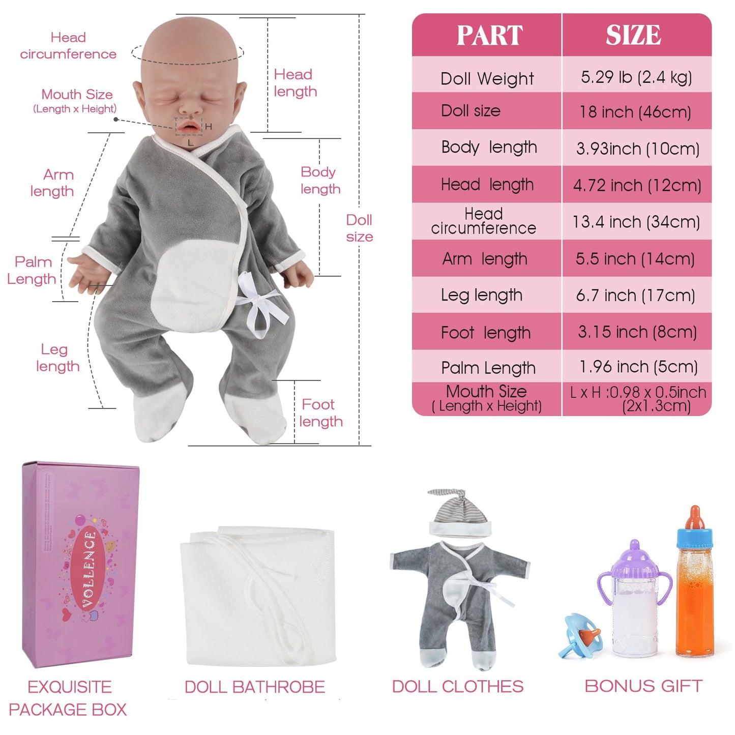 Vollence 18 Inch Full Silicone Baby Doll That Look Real,Eyes Closed Reborn Baby Doll,Real Baby Doll,Lifelike Baby Dolls - Boy