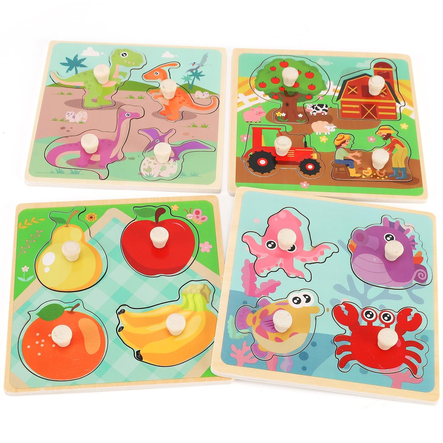 Wooden Peg Puzzles For Toddlers 1-3, Kids' Educational Preschool Peg Puzzle Toy, Set Of 4 Toddler Puzzles - Farm, Dinosaur, Fruit And Marine Animals, Ideal Gift For Ages 1 2 3 Boys And Girls