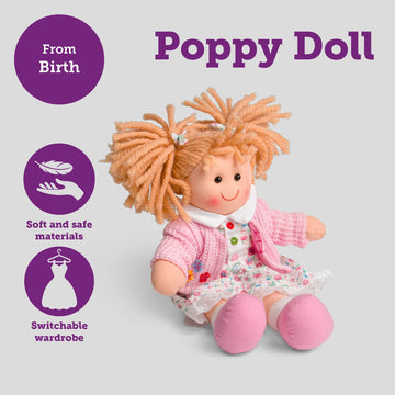Bigjigs Toys Poppy Rag Doll - 28cm Soft Multicoloured Doll for 1 Year Olds, Ideal First Doll for Babies & Toddlers