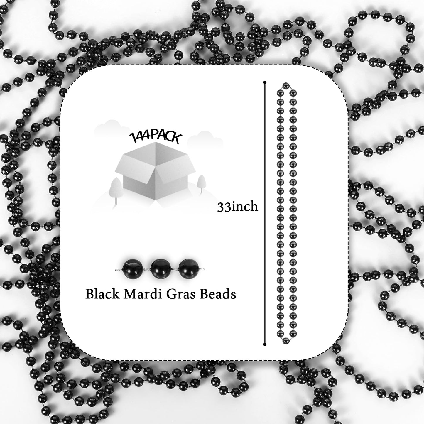 YAXINRUI 144 PCS Black Bead Necklaces, Black Mardi Gras Beads, Halloween Beads Necklaces, New Year Eve Necklaces, 33 Inch Black