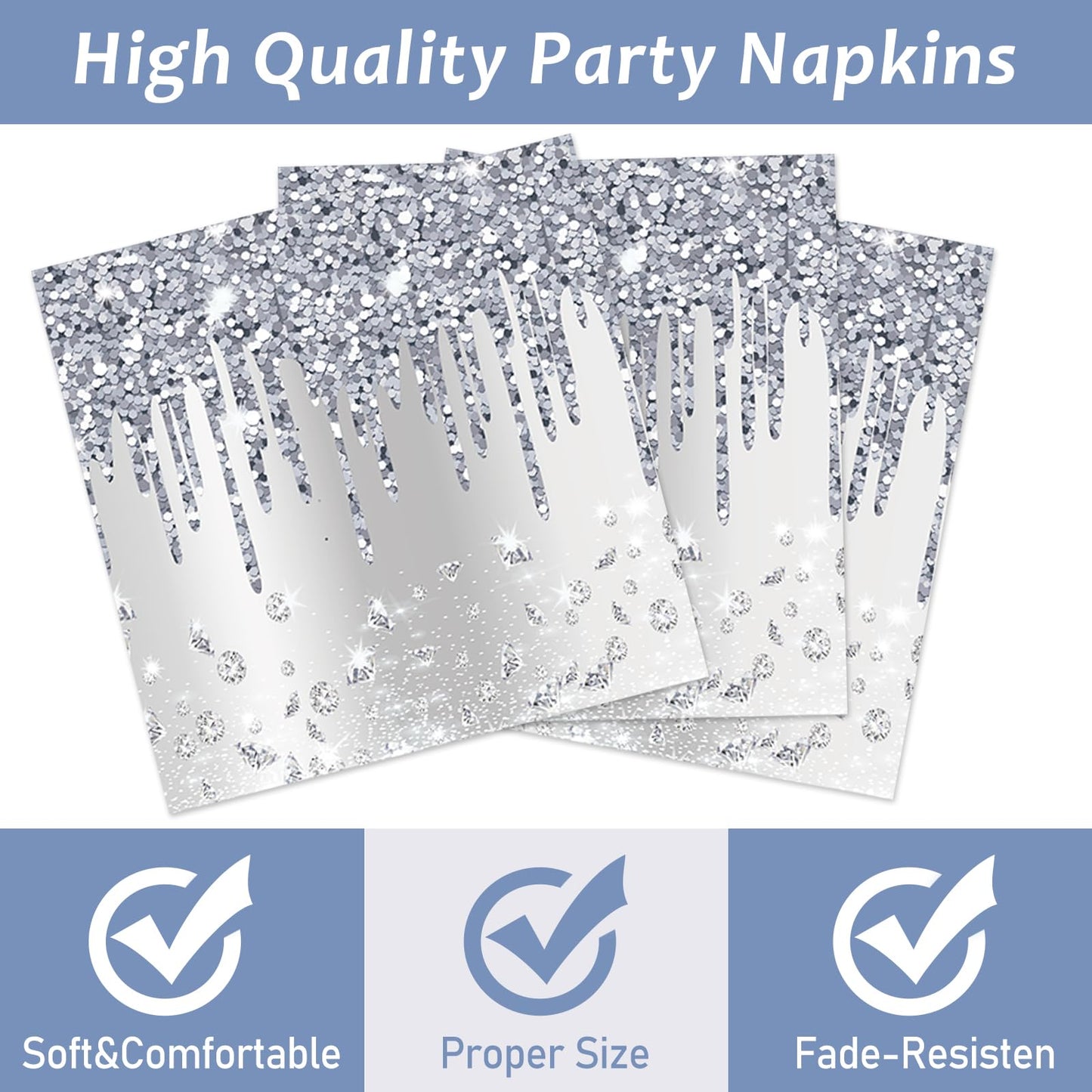 98 Pieces Silver Happy Birthday Decorations For 24 Guests Diamonds Silver Glitter Birthday Party Plates And Napkins Tablecloths Silver Birthday Tableware Set Baby Shower Wedding Party Favors