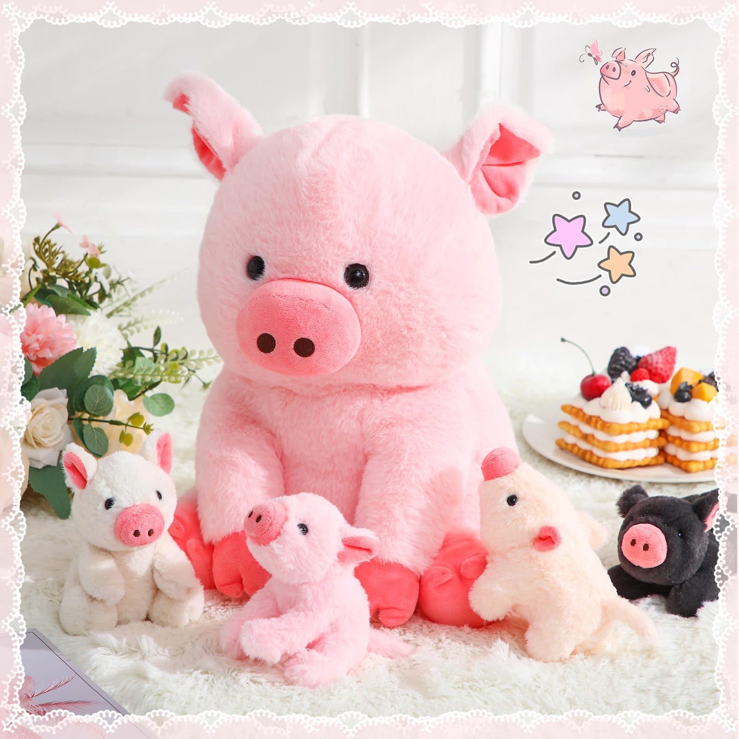 Silipull 5 Pcs Pig Stuffed Animals, 12 Inch Large Plush Mommy Pig With 4 Little Baby Pigs In Mother Pig'S Belly, Gift For Boys A