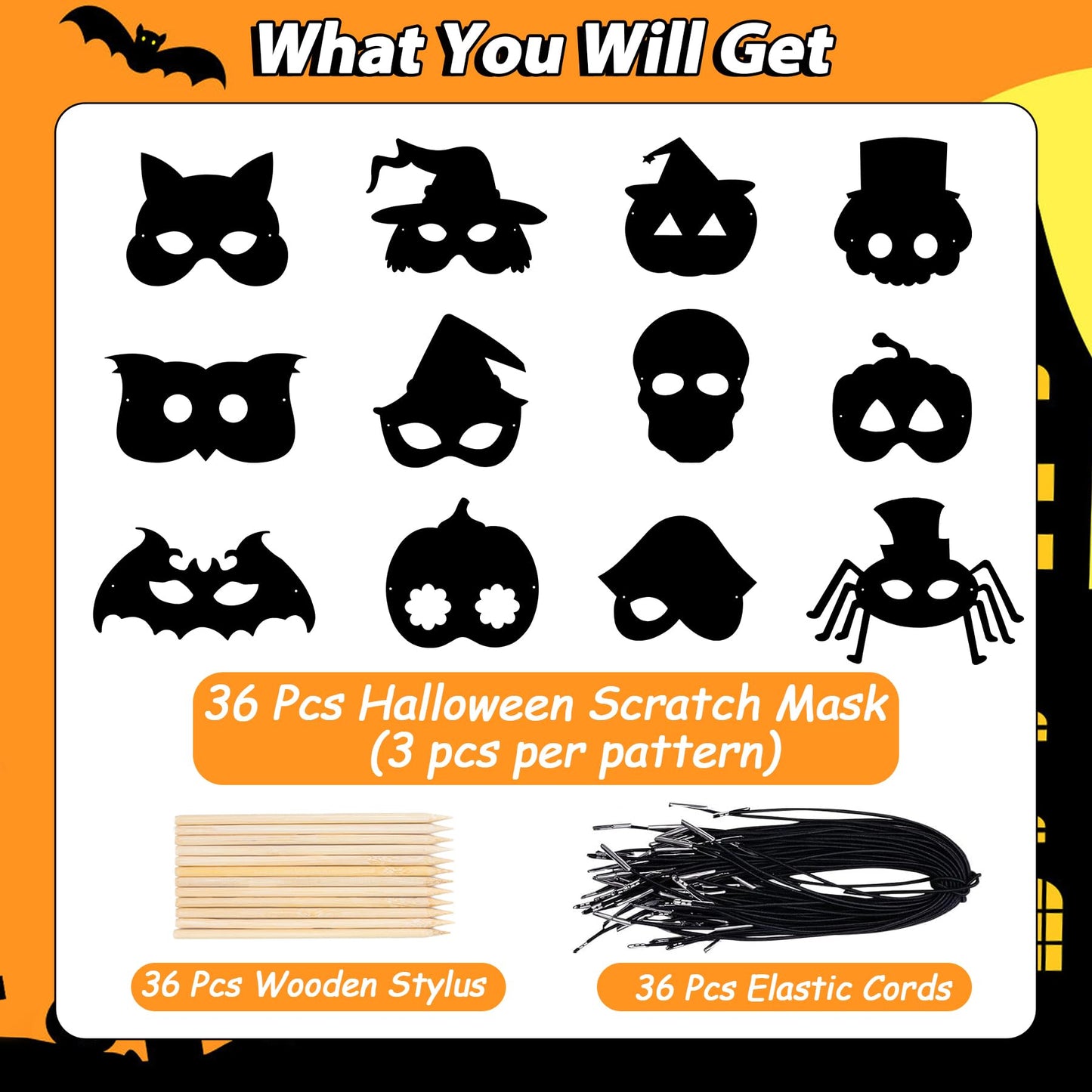 GOMANCHE 36 Pieces Halloween Scratch Art Masks for Kids, DIY Rainbow Magic Scratch Paper Masks for Crafts, Bat Witch Pumpkin Spi