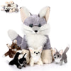 HyDren 5 Pcs Woodland Animals Plush Toys Set 13.4 Inch Large Fennec Fox Stuffed Animal with 4 Cute Babies Fox Plush Toys Gift for Birthday Holiday Baby Shower Party Decor(Gray Sitting)