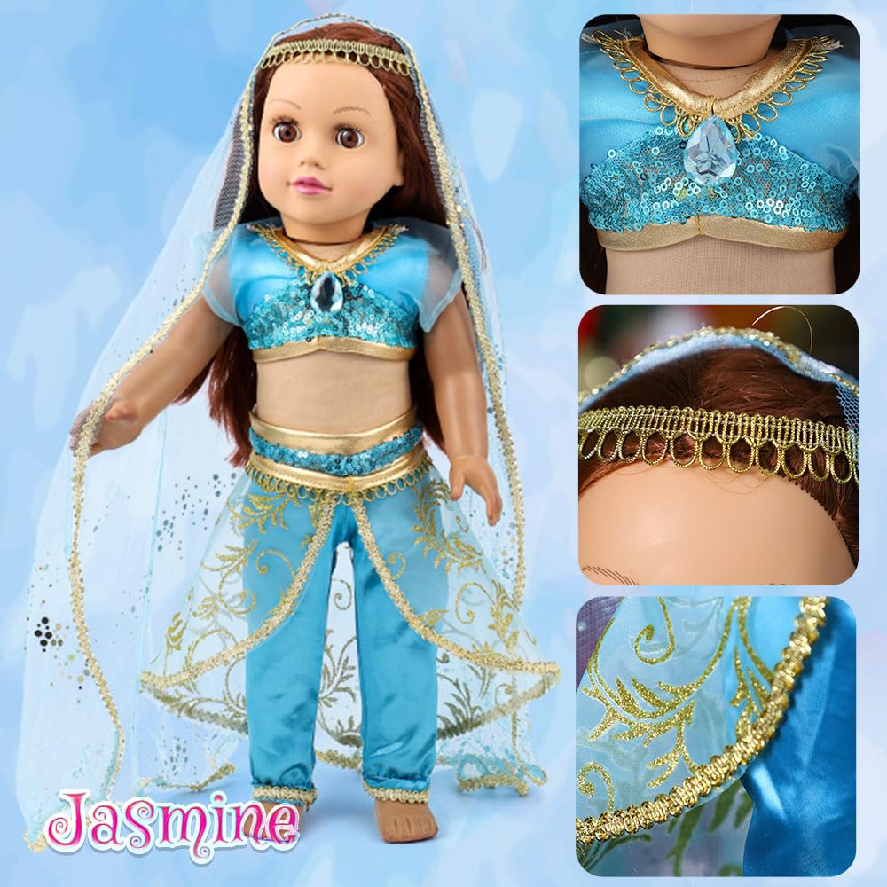 18-Inch Girl Doll Clothes Princess Dress - 5 Pc Different Princess Dress Set Includes Jasmine, Snow White, Belle, Rapunzel And Aurora Fits 18” Dolls (Set5-01)