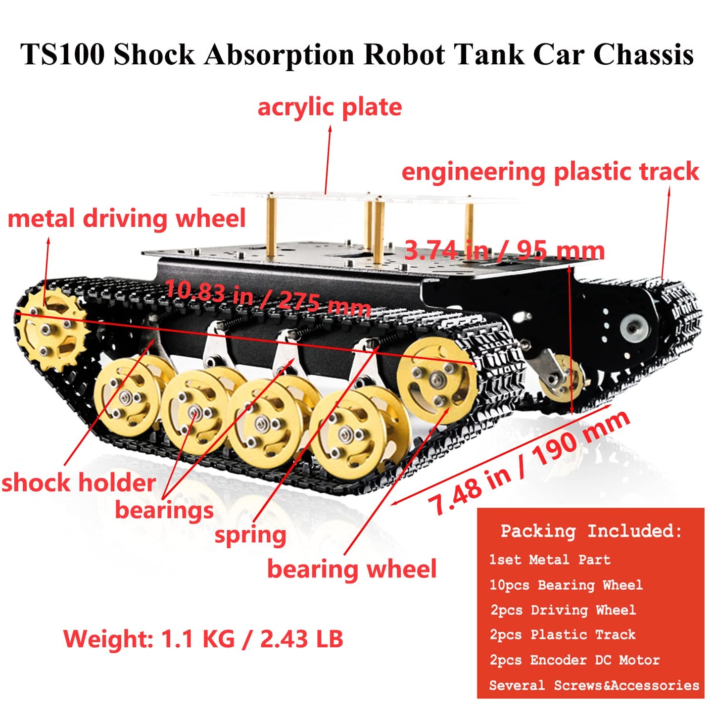 Professional Shock Absorption Smart Robot Car Chassis Tank Chassis With Dc Encoder Motor For Arduino, Tracked Suspension Absorbi