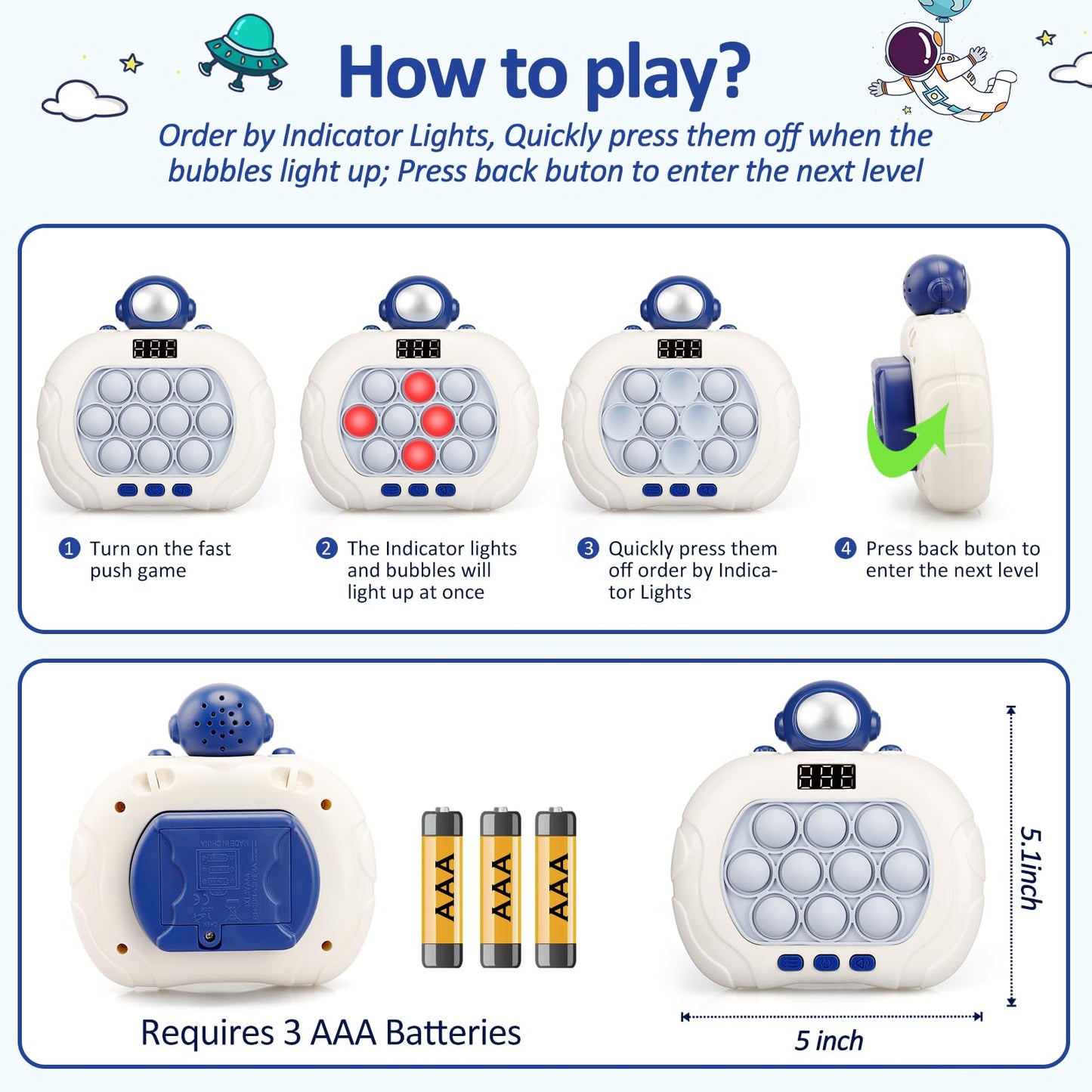 Blackma Fast Push Game Pop Fidget Toys For Kids, Fast Push Bubble Game, Handheld Puzzle Game Sensory Toys With Led Screen, Quick