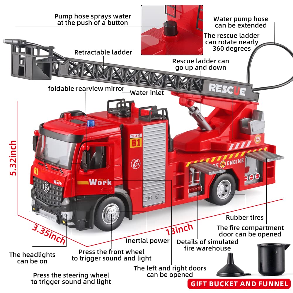 OANMYJJO Boy Fire Truck Toy - Metal DieCast Fire Truck Model with Water-Spraying, Simulated Sound and Light, Retractable Rescue