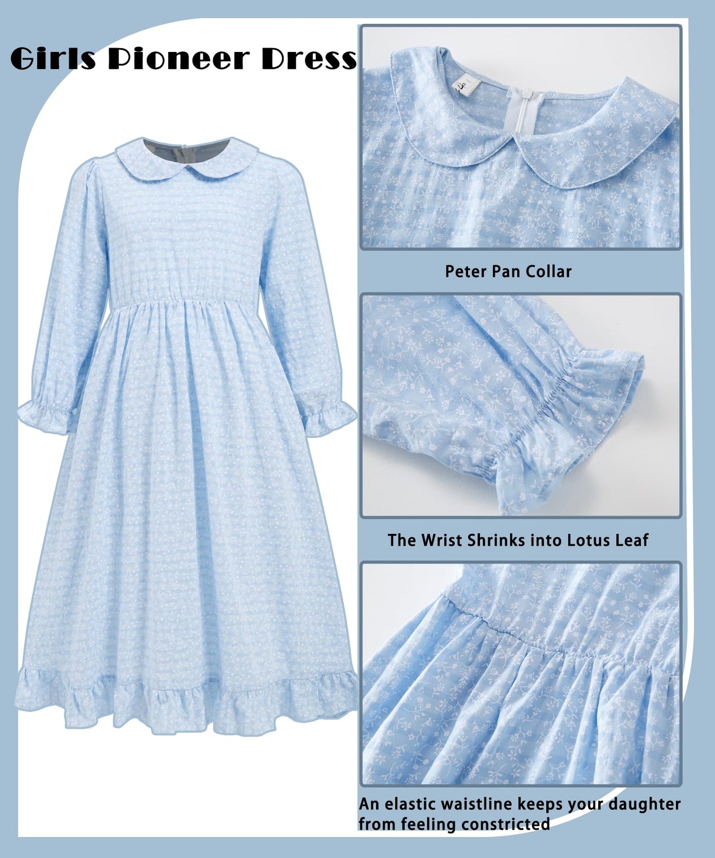 Pioneer Dresses For Girls Prairie Colonial Costume Long Sleeves Laura Ingalls Pilgrim Costume 11-12Y