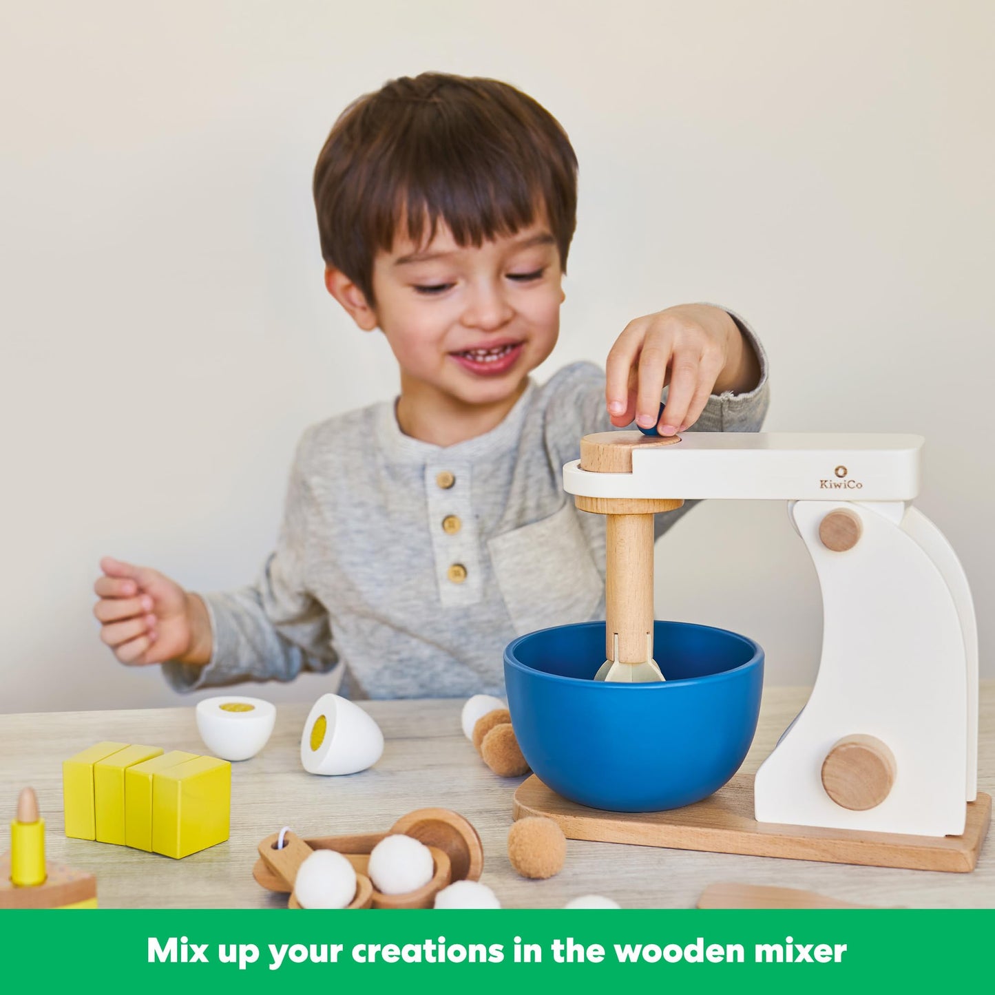 KiwiCo Bake-a-Cake Stand Mixer: Baking Set for Kids Ages 3+ | Learn Early Math with Wooden Kitchen Play Set | Includes Cake, Sta