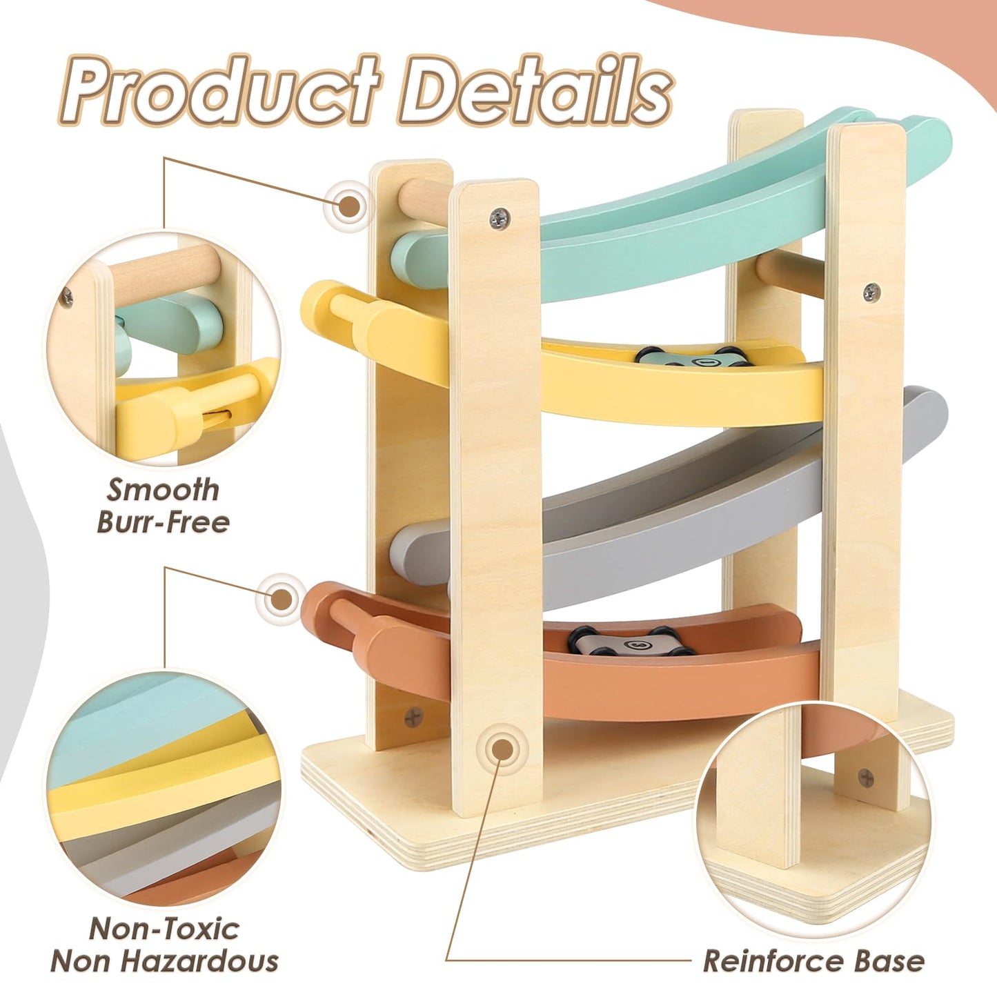 Joyreal Wooden Car Ramp Toy - 4-Level Toddler Race Track Set with 4 Mini Cars & Garage for Boys & Girls, Ideal Gift for 1-2 Year Olds