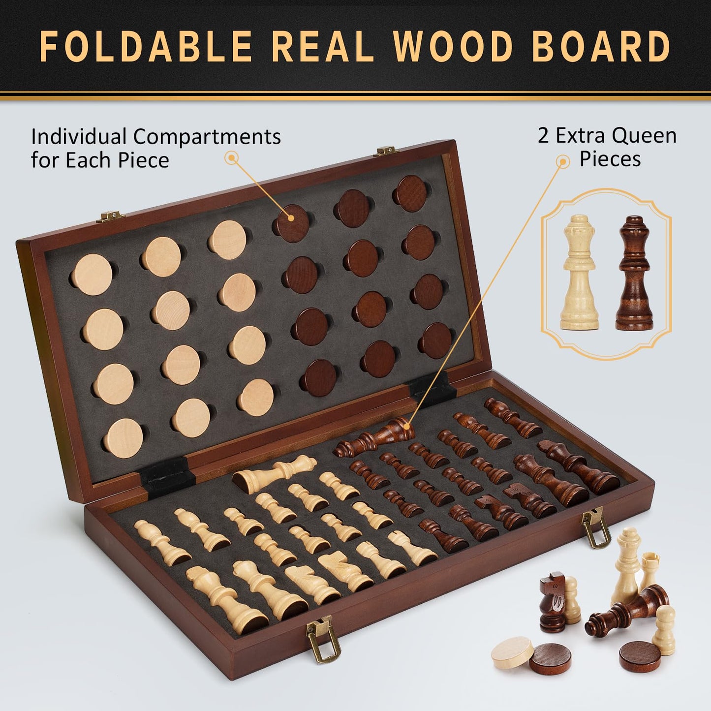 2 In 1 Magnetic Wooden Chess And Checkers Board Game Set, 15' Folding Chess Boards With 2 Extra Queens, Portable Travel Chess Sets With Pieces Storage Slots, Beginner Chess Game Set For Kids, Adults
