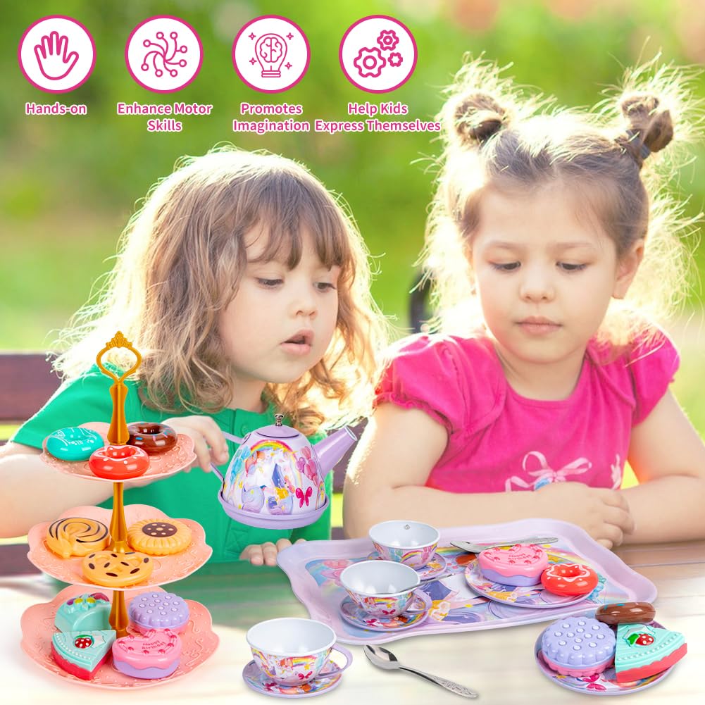 32Pcs Unicorn Tea Party Set for Little Girls Princess Tea Time Toys Playset Including Tin Tea Set Carrying Case Food Sweet Hair