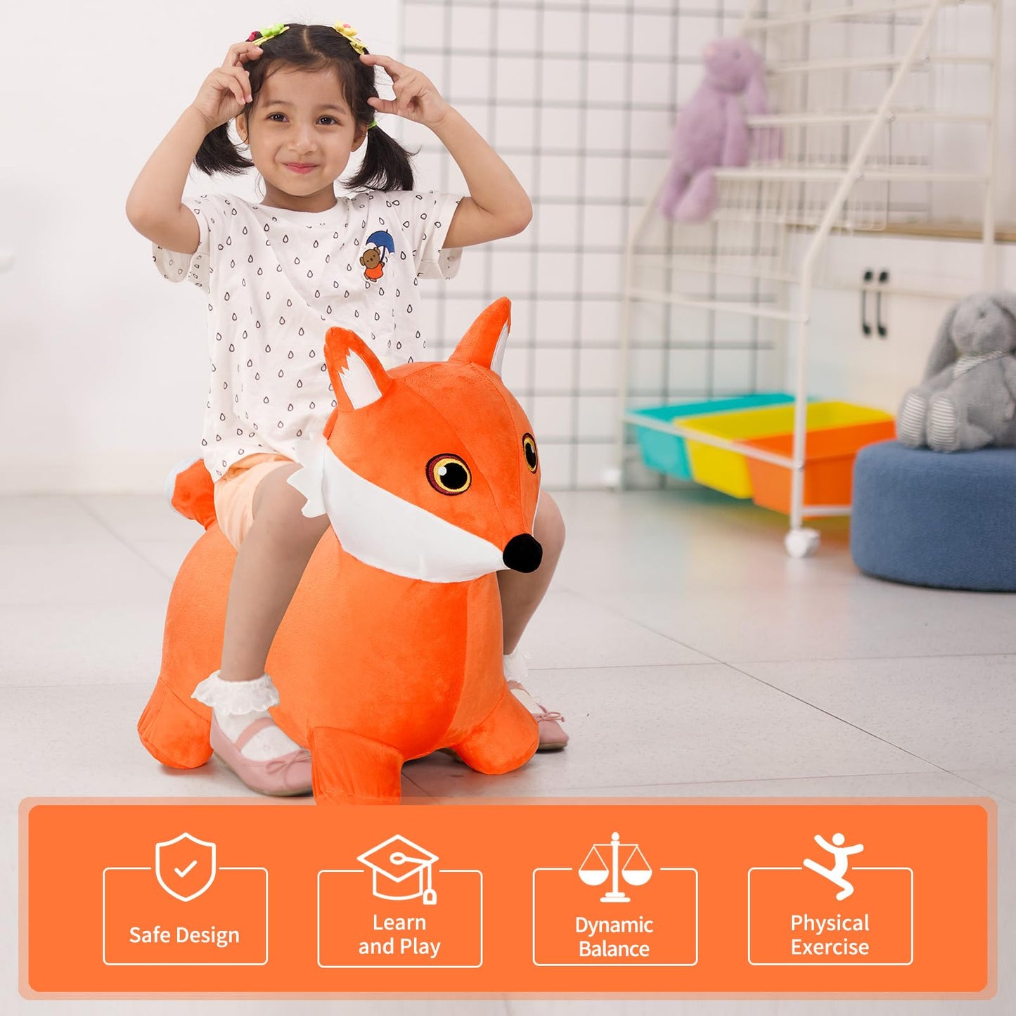INPANY Bouncy Horse Fox Hopper Toys Toddlers Bouncing Animal Hopping Plush Bounce Buddies Inflatable Ride on Rubber Bouncer Indoor Outdoor Birthday Gifts Toy for 2 3 4 Year Old Girls Boys
