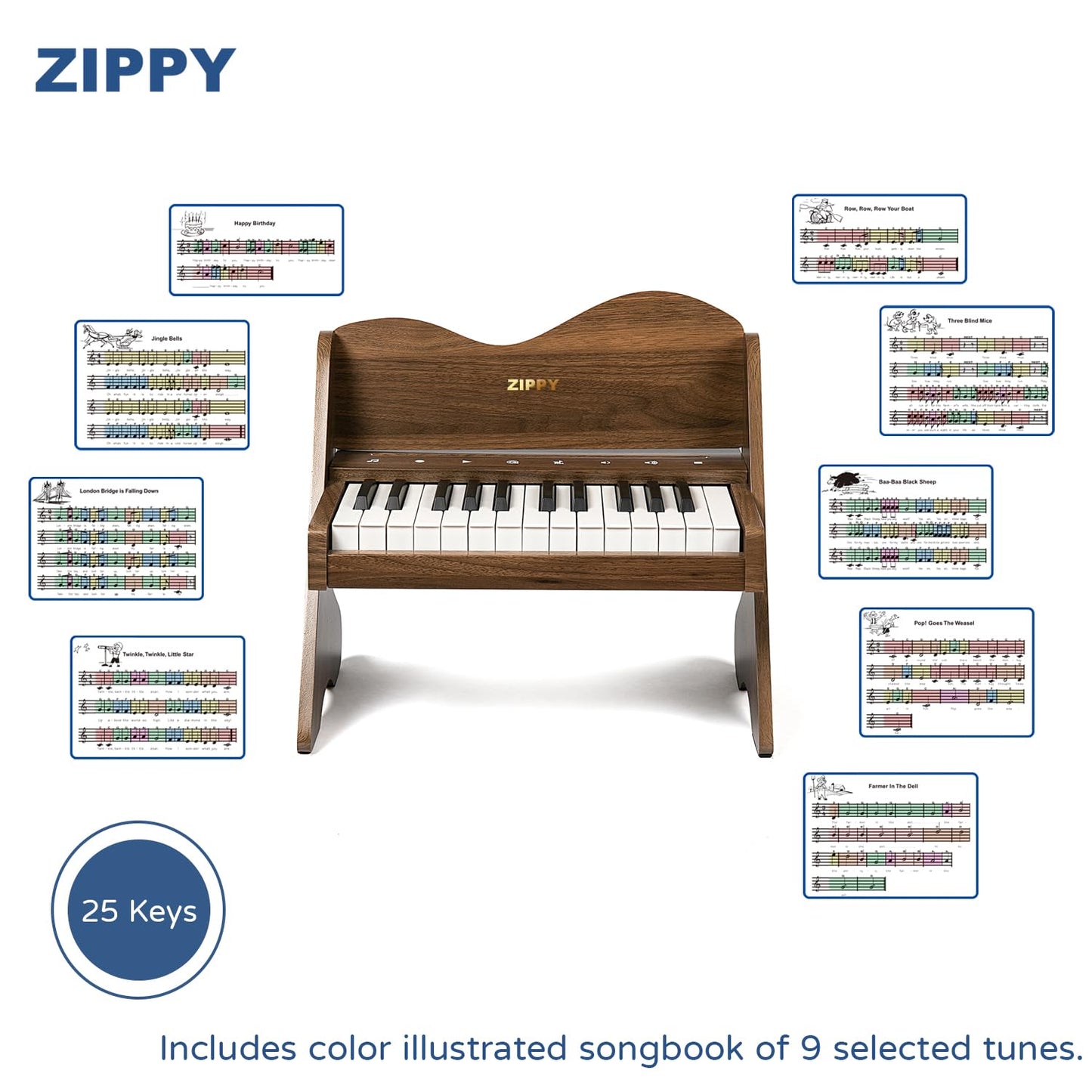ZIPPY Kids Piano Keyboard - 25 Keys Digital Piano, Touch Sensitive, Adjustable Volume, Walnut Mini Music Toy for Toddlers and Kids