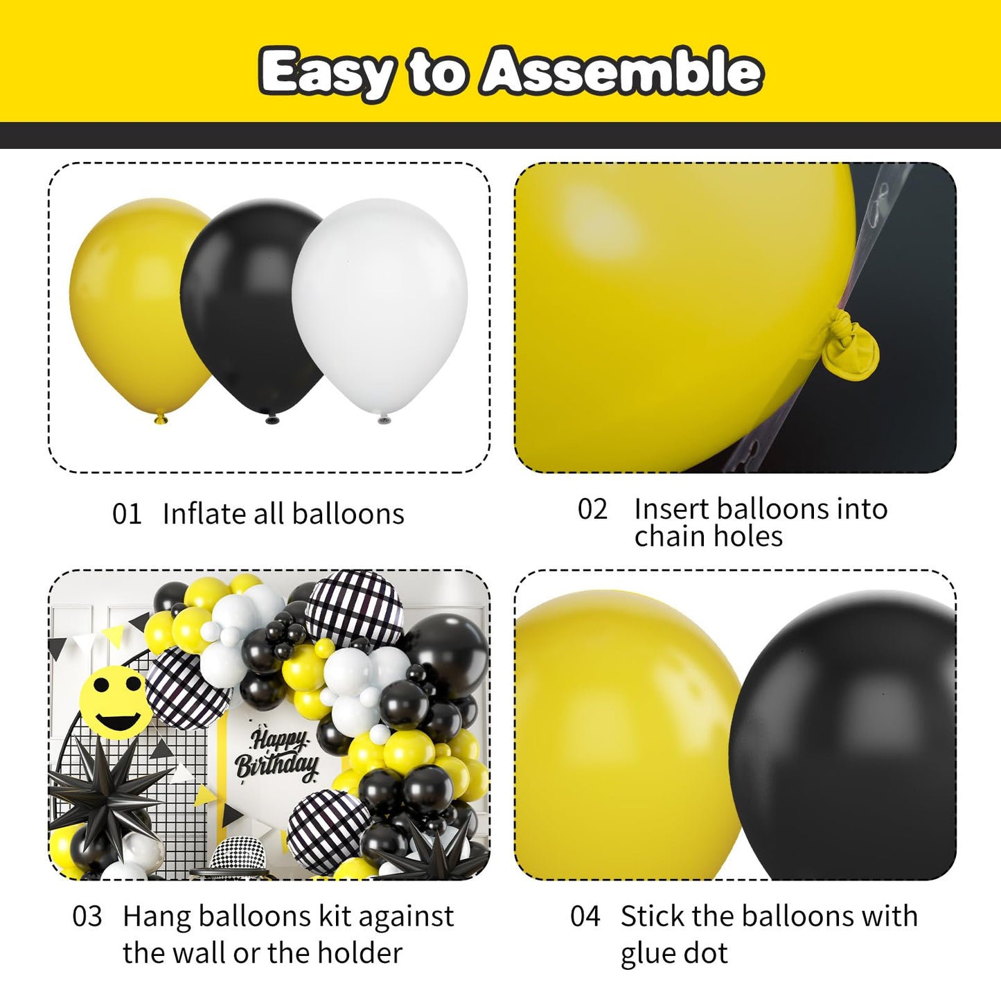 Black White Yellow Balloon Arch Kit,One Happy Dude Balloons Garland Kit With Black White Checkered Star Balloons For One Happy Dude Birthday Boys 1St Birthday Party Decorations