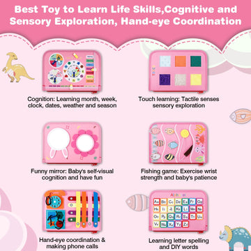 Jhkim Busy Board For Toddlers 1-4, Sensory Board Travel Toys Gifts For 1 2 3 4 Year Old Girls Boys, Montessori Toys To Learn Fine Motor Skills, Educational Activities Busy Book For Airplane Car (Pink)