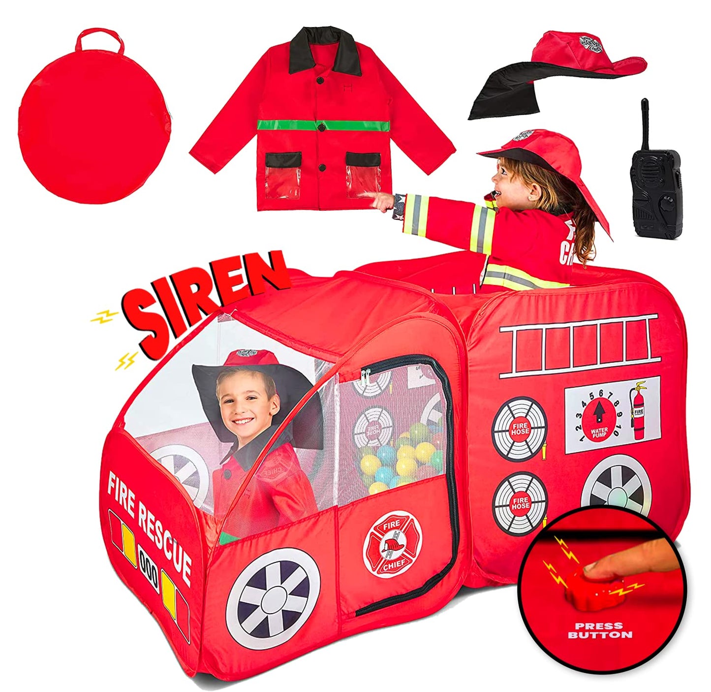Kiddey Fire Truck Tent For Kids | Firetruck Play Tents With Sirens And Fireman Sounds For Girls, Boys, & Toddlers Gifts | Red Fire Engine Pop Up Playhouse With Costume | Indoor & Outdoor Baby Tent