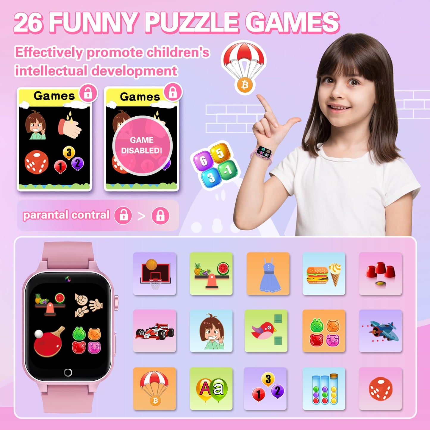 Vakzovy Kids Smart Watch for Girls 6-12, Pink HD Touchscreen, 26 Games, Video Camera, Music, Pedometer - Educational Birthday Gift