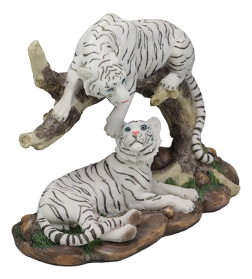 Ebros 9.25' Wide Albino Bengal White Tiger Couple Playing By Curved Tree Branch Statue As Predator Forest Tigers Giant Cats Jungle Frolic Decorative Figurine Perfect For Shelves Desktops Accent