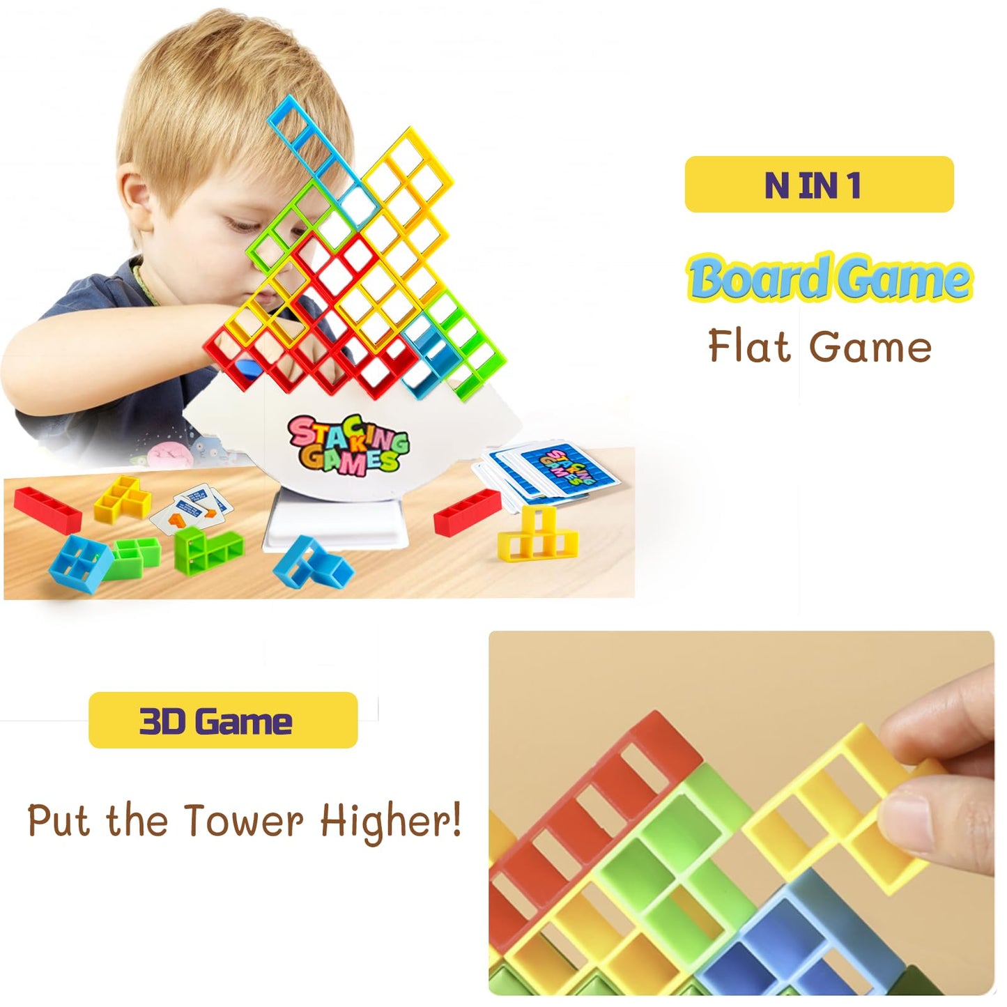 Clapet 64 Pcs Tetra Tower Stacking Game, Fun Balance Building Blocks Board Games For Kids Adults Family Party, Toys Gifts For Bo