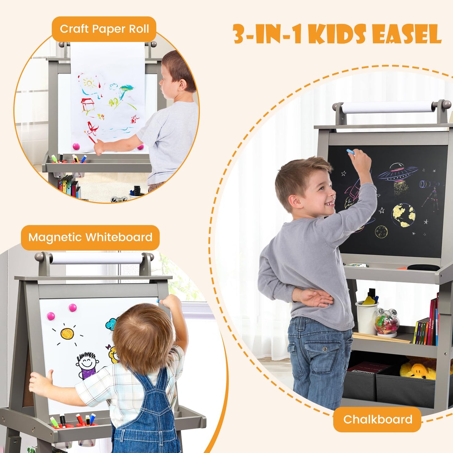 Honey Joy Art Easel For Kids, 3-In-1 Double-Sided Wooden Toddler Easel W/Magnetic White Board & Chalkboard, Paper Roll, 2 Storage Bins, Painting Dry Erase, Kids Easel For Boys Girls Aged 3+ (Gray)