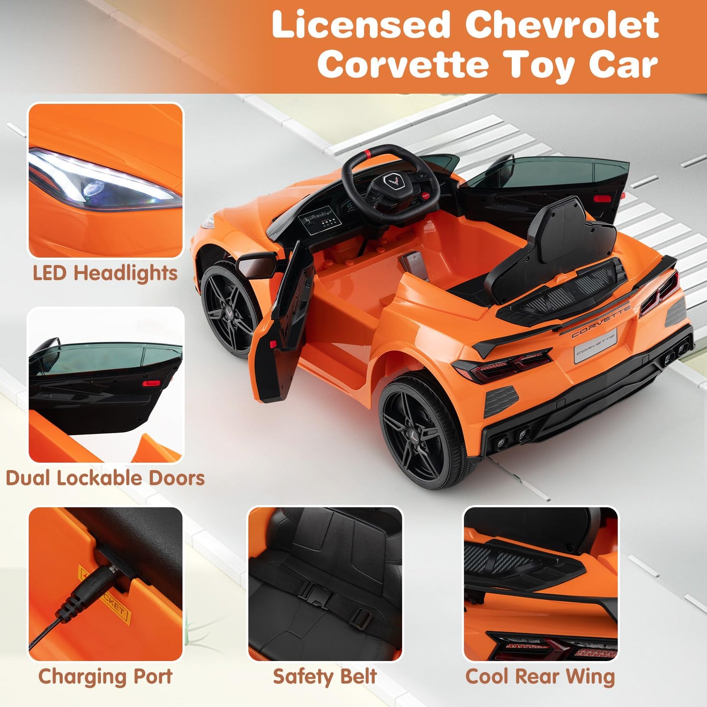 Costzon Ride On Car Licensed Chevrolet Corvette C8 Kids' Electric Vehicles w/Remote Control Wireless Connection Lights/Horn/Music/4-Wheel Spring Suspension Kids Car for Boys Girls Aged 3+(Orange)