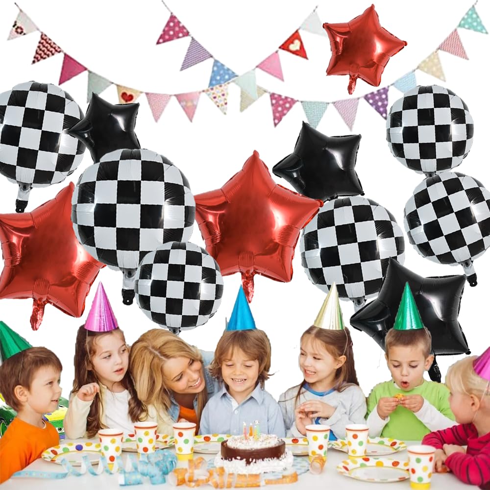 TONIFUL 18pcs Checkered Balloons 18 Inch Black and White Checkered Balloons Racing Balloons Large Checker Foil Balloons for Fast