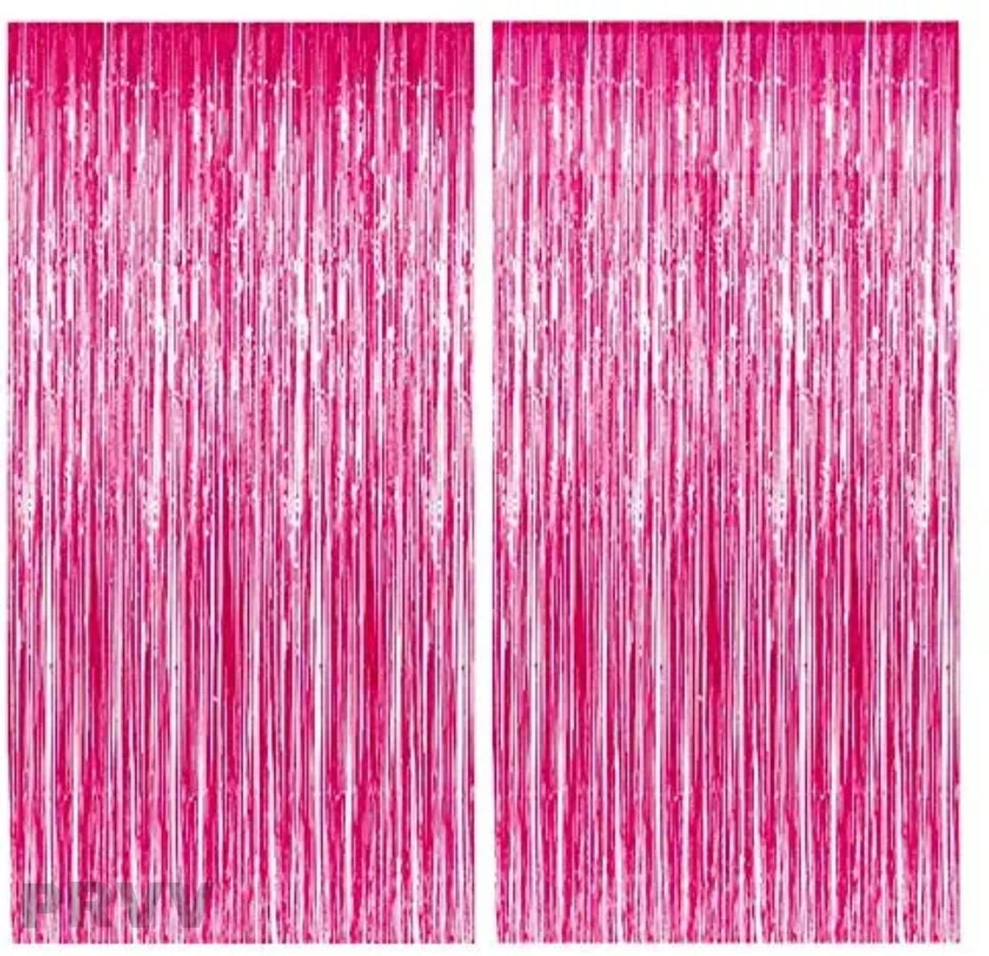 PRVV Pack of 2 Pcs, 3 x 6 feet Each, Pink Foil Fringe Tinsel Metallic Backdrop Curtains for Birthday Decoration Wedding Engageme