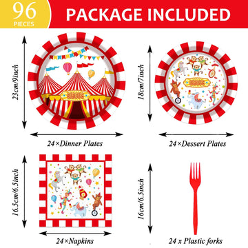 Gisgfim 96 Pcs Circus Party Supplies Paper Plates Napkins Carnival Party Disposable Tableware Set Birthday Decorations Favors Fo