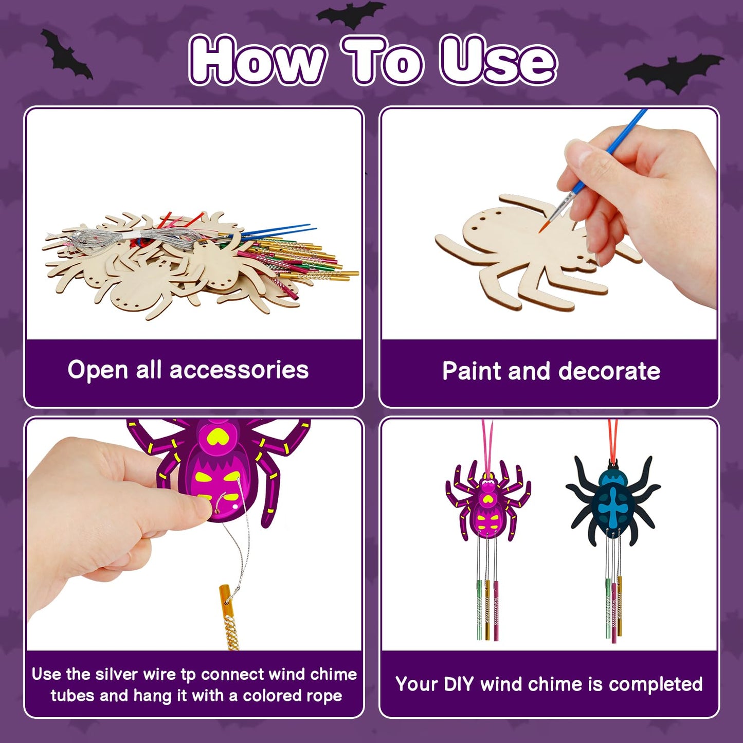 Fennoral 9 Pack Spider Wind Chime Kit For Kids Make You Own Spider Wind Chimes Wooden Arts And Crafts For Girls Boys Diy Colorin