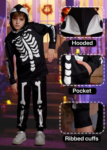Halloween Boys Girls Black Skeleton Bone Hooded Skull Sweatshirt Set With Kangaroo Pocket 10 Years