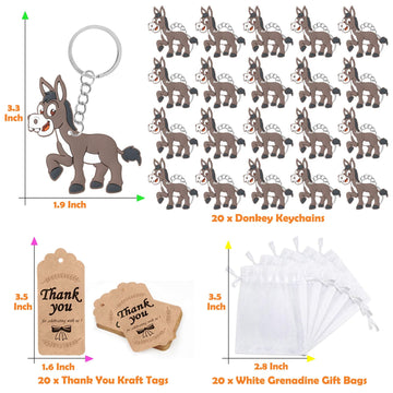 CiciBear 60 Pack Donkey Party Decorations for Guests, 20 Keychains, 20 Tags and 20 Gift Bags for Barnyard Farm Animal Themed Par