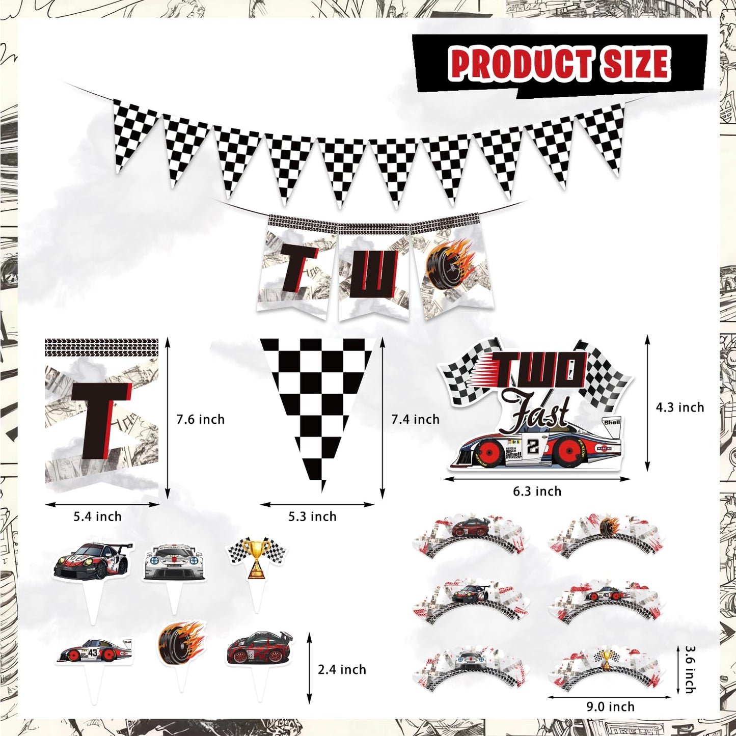 Mpanwen Two Fast Birthday Decorations For Boys, 153 Pcs Race Car Birthday Party Supplies - Backdrop, Toppers, Cupcakes Wrappers,