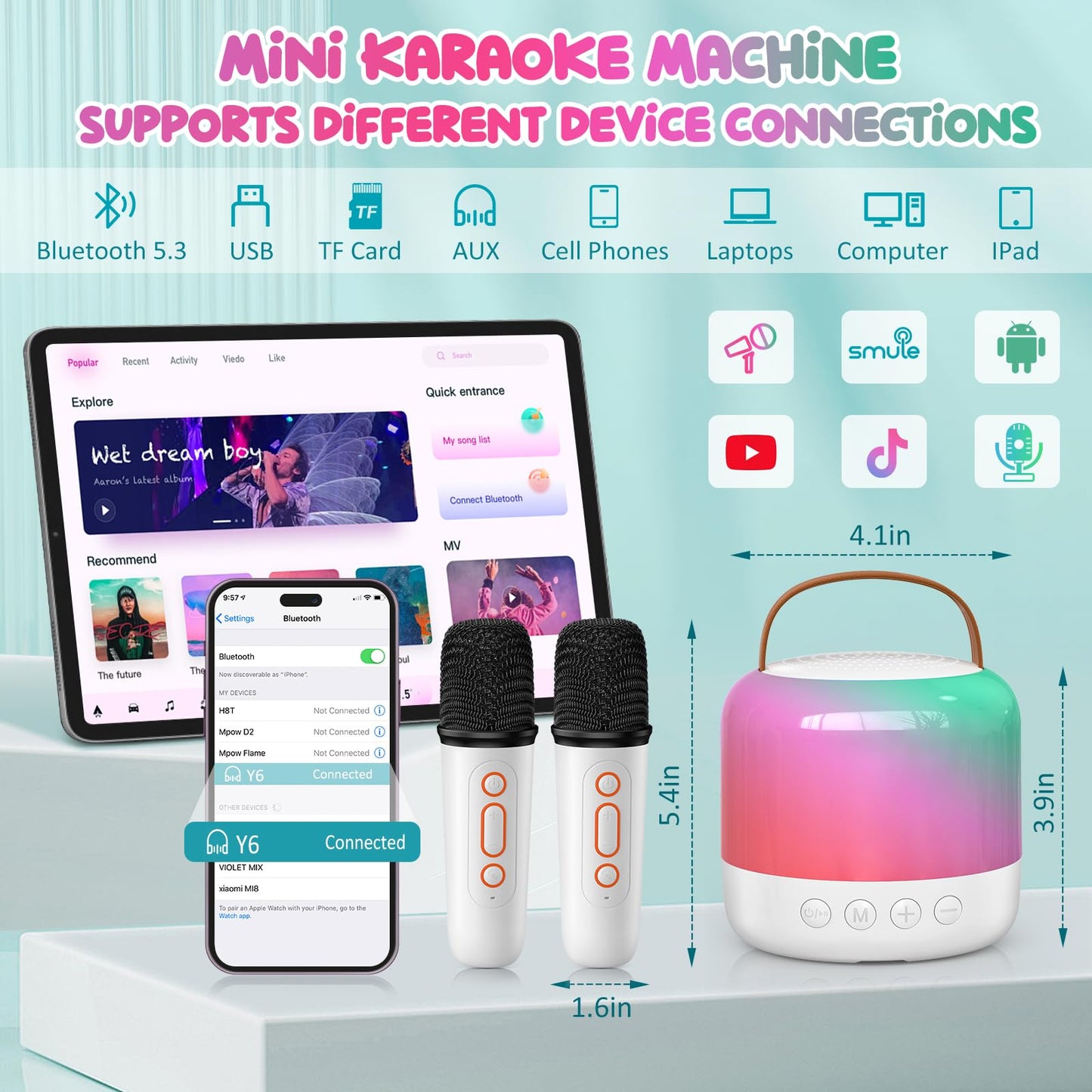 Yenlove Mini Karaoke Machine For Kids Adults, Portable Bluetooth Speaker With 2 Wireless Microphones, For 4 5 6 7 8 9 10+ Years