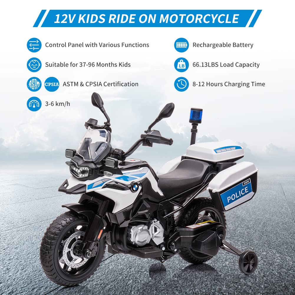 Ride On Police Motorcycle, 12V 7Ah Licensed Bmw Kids Motorcycle For Toddlers With 2 Speeds, Led Headlights, Spring Suspension, M