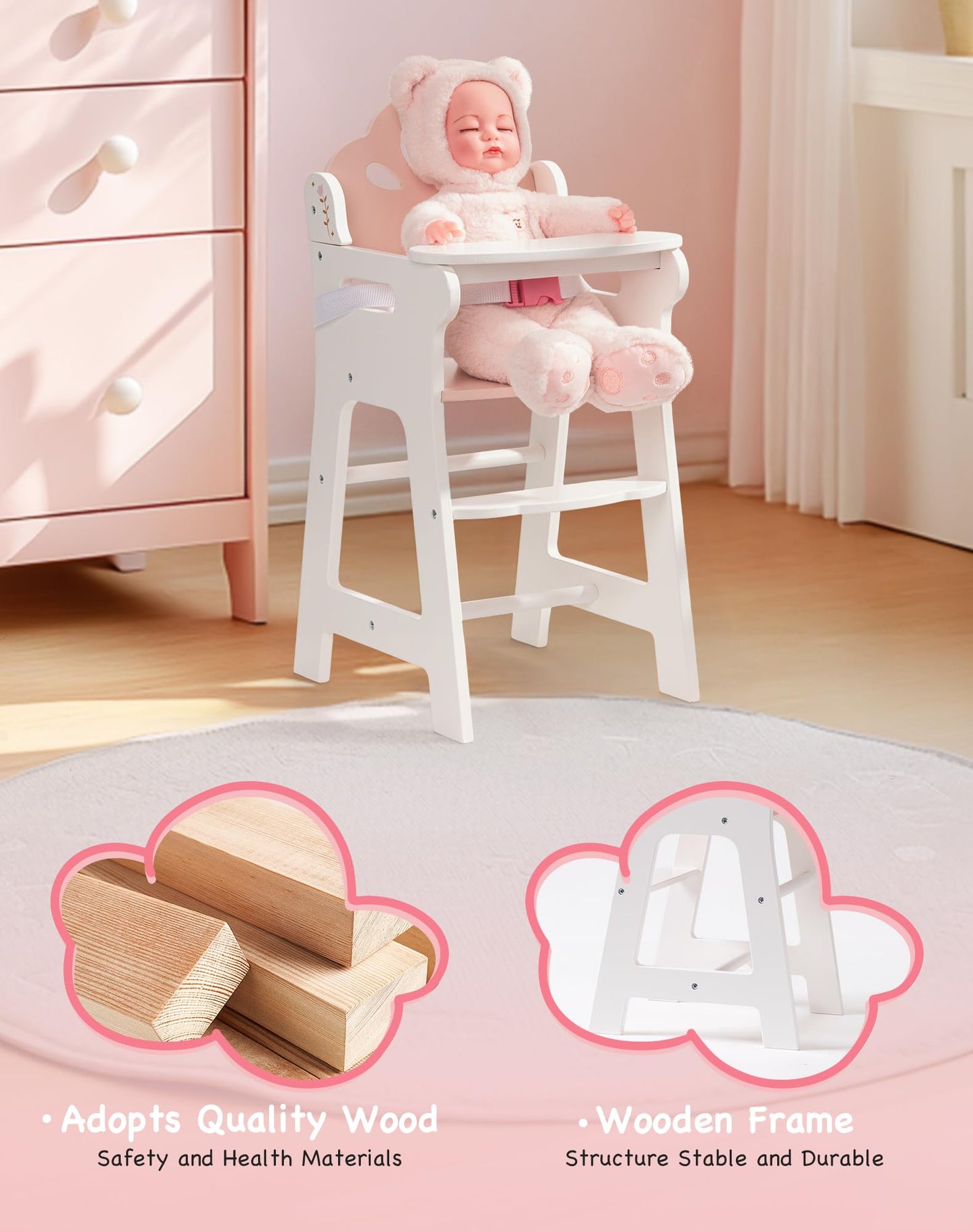Robud Baby Doll High Chair, Pretend Play High Chair With Seat Belt, White Wooden Baby Doll Accessories With Movable Tabletop, Fi