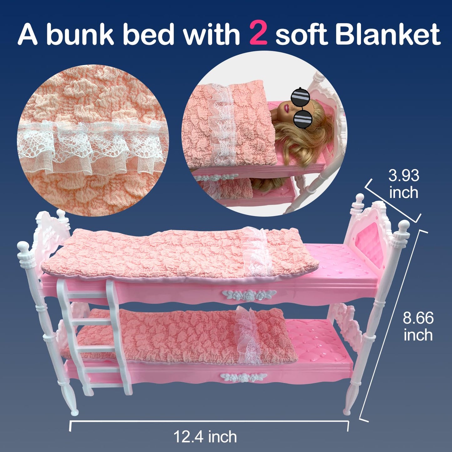 Dolls Clothes And Accessories, Bunk Bed Playset, 2 Blankets, 2 Fashion Dresses, 2 Clothing Outfits, Bedroome Set For 11.5 Inch Dolls, With 2 Pajamas