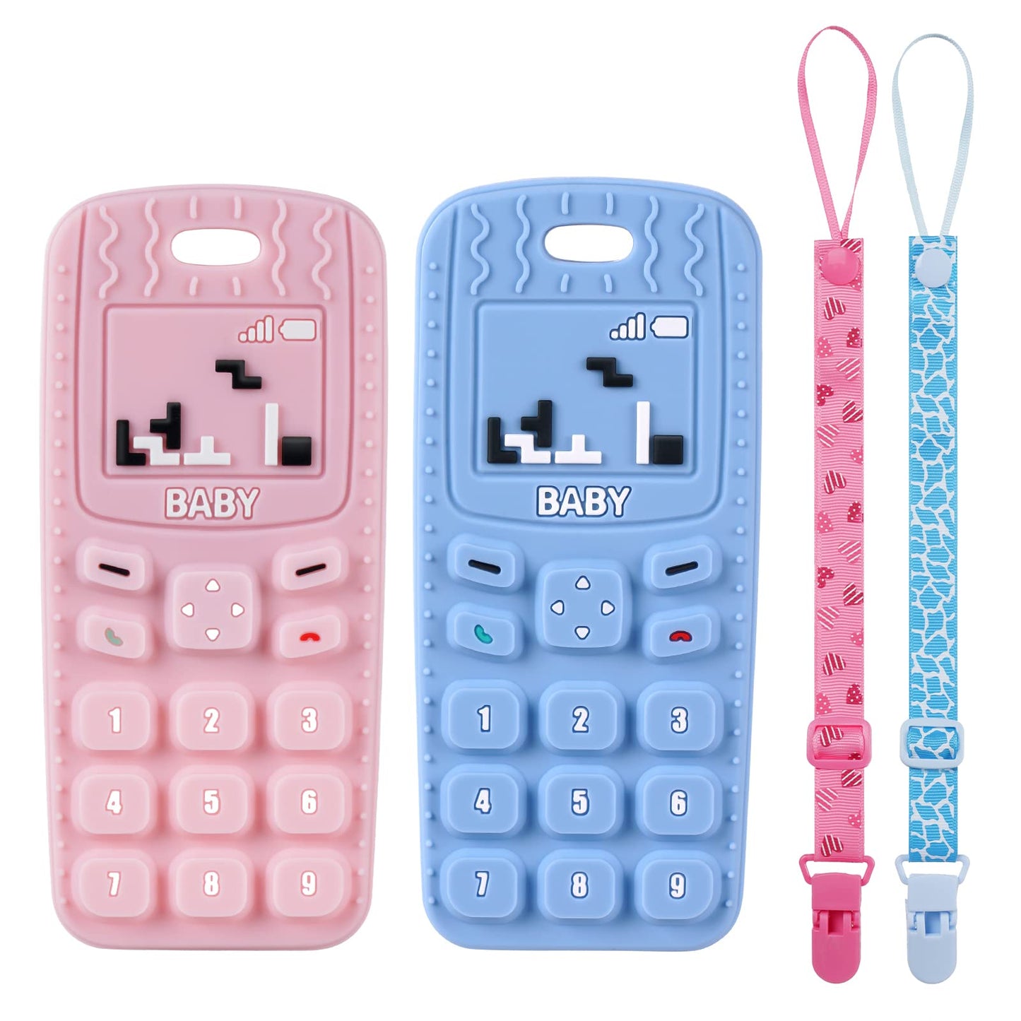 Aolso 2Pcs Baby Teether Toys, Silicone Baby Teething Toys Phone Shape With 2Pcs Pacifier Clip, Soft Teething Toys For Toddlers,