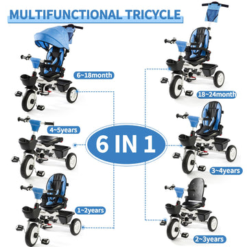 EOOWOY Baby Trike - 6-in-1 Kids Tricycle with Adjustable Handle, Removable Canopy, Safety Harness, Medium, Blue