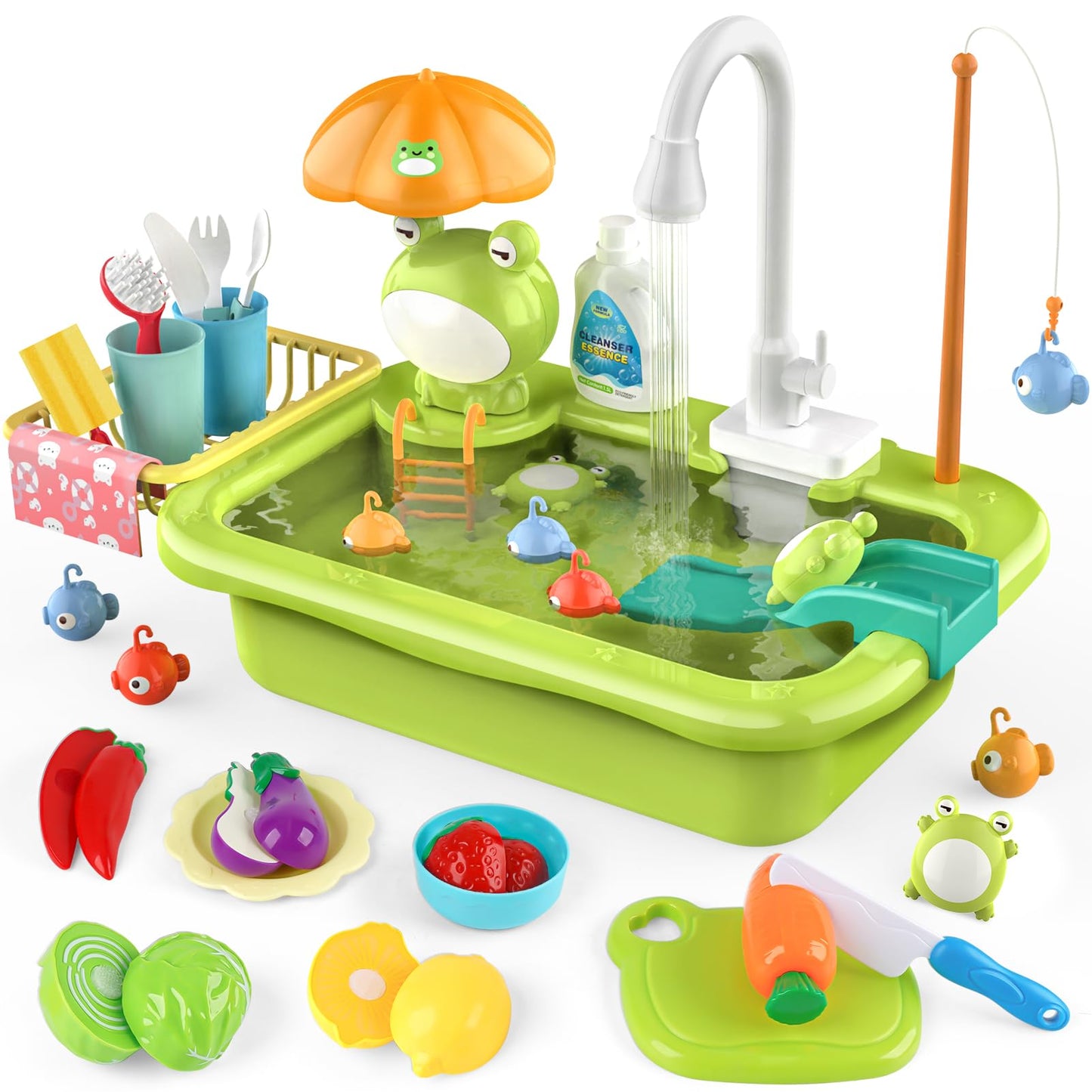 Dreamon Play Sink Toy With Running Water, Kids Play Kitchen Accessories With Automatic Water Circulation, Pool Floating Fishing