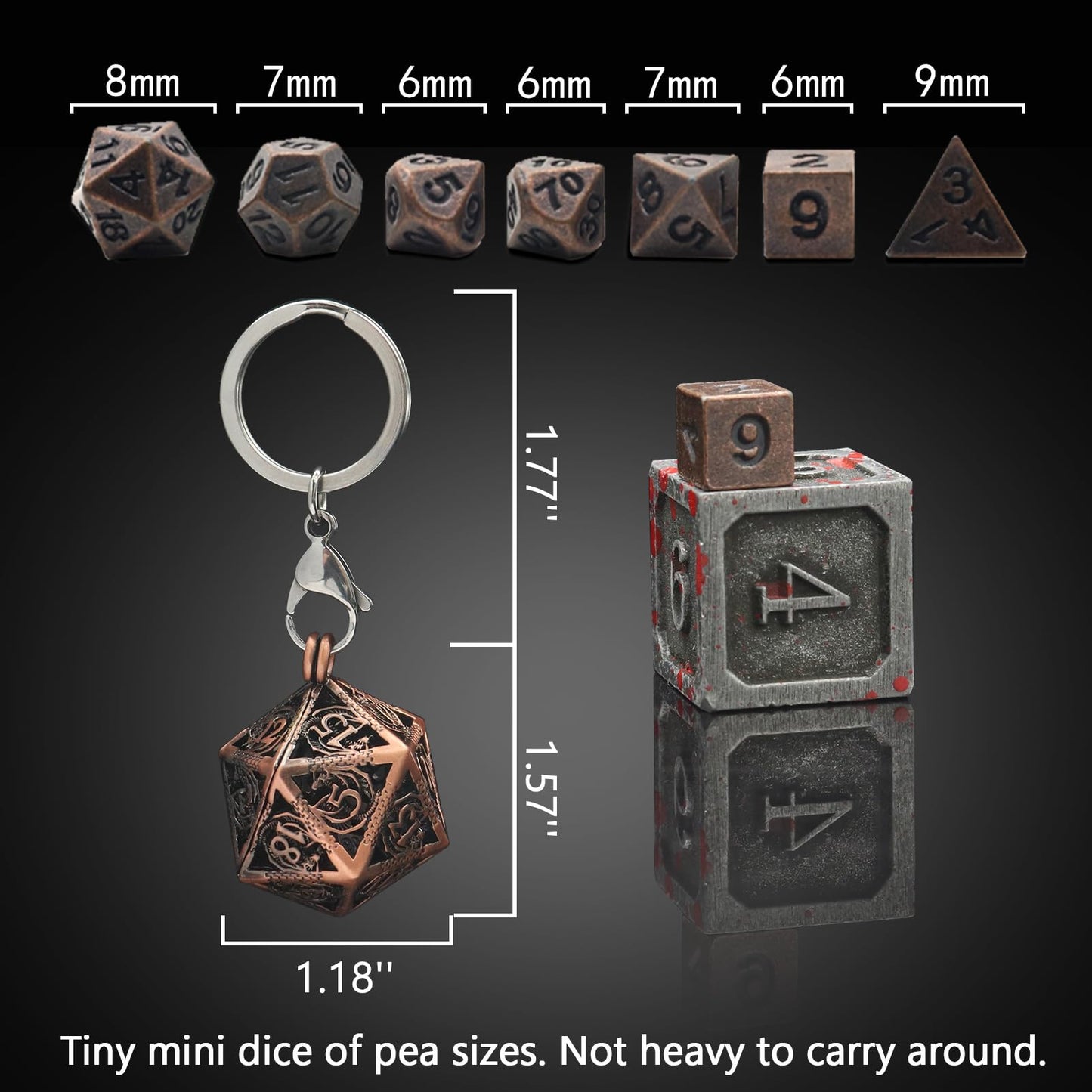 PJOY Mini Dice Set Tiny DND Dice with Hollow D20 Cage Portable 7PCS D&D Keychain Small Metal Dice Set for Role Playing Dice Game