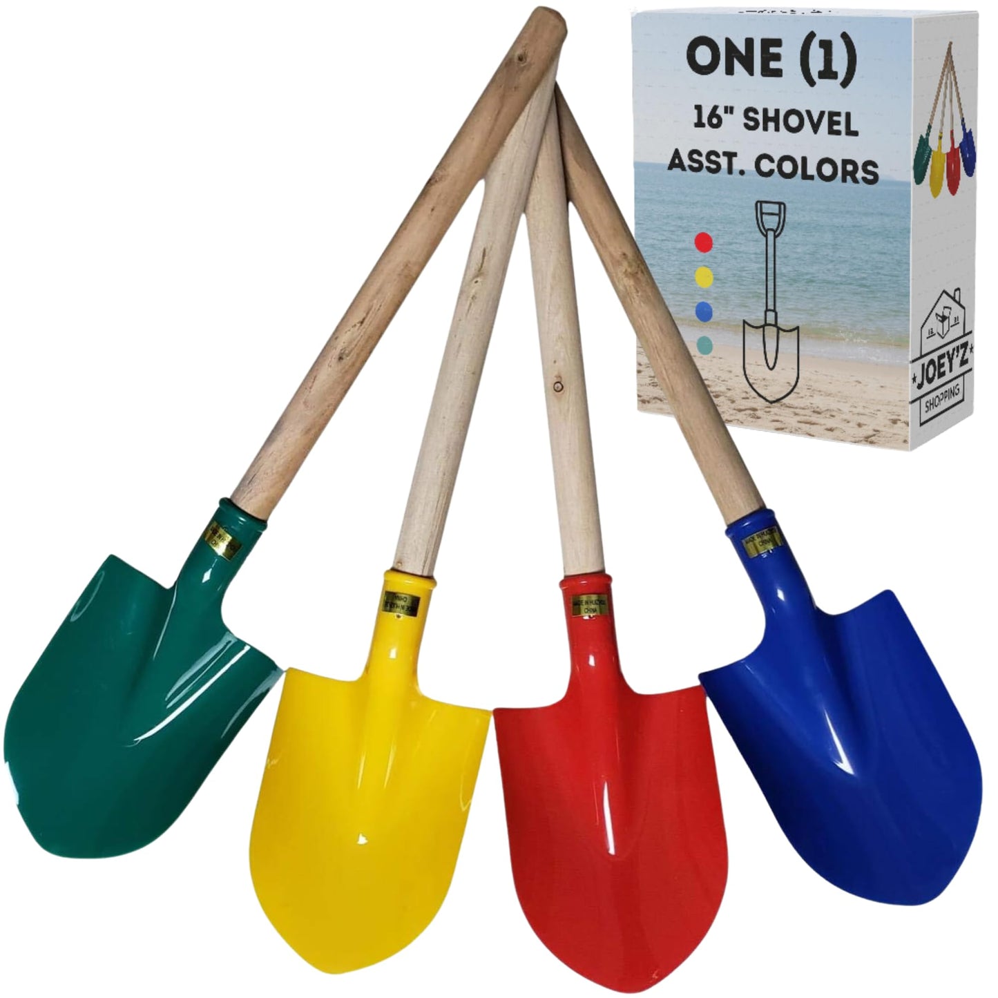 Single 16'' Heavy Duty Wooden Kids Sand Beach Shovel with Plastic Spade & Handle - Gold Digger Costume Shovel - Colors May Vary