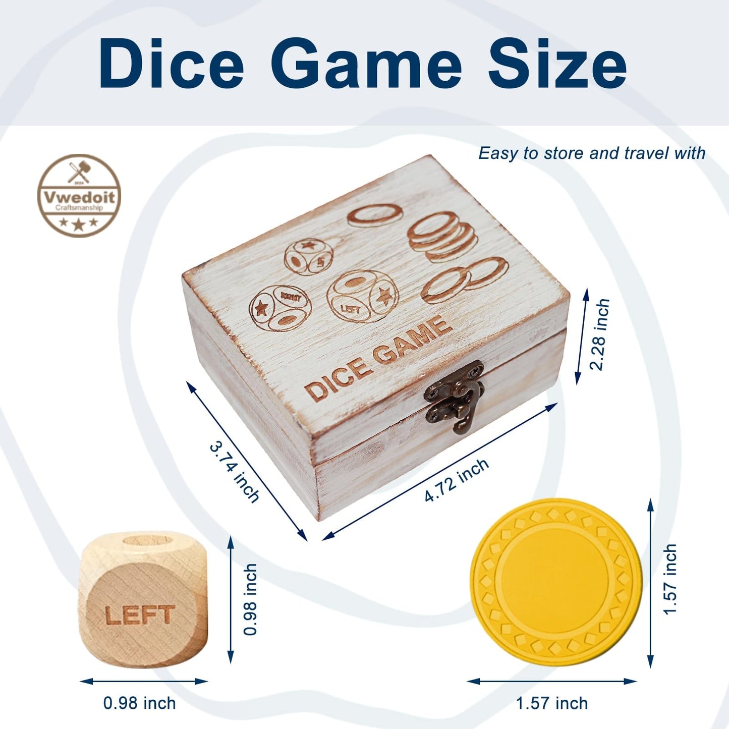 Left Right Center Dice Game Set, 3 1-Inch Wood Dice And 48 Thicker Chips In Wooden Storage Box, Portable Travel Dice Games For F